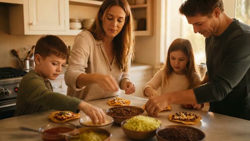 A family around the table building their own flat tacos
