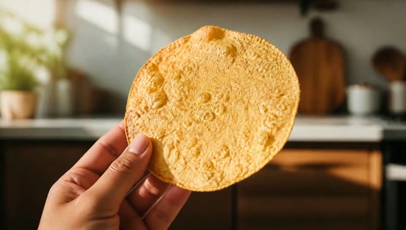 Macro shot of a golden, crisp round flat taco shell