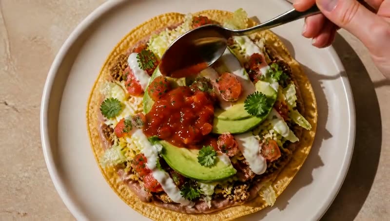 Overhead shot of toppings being layered onto a flat taco