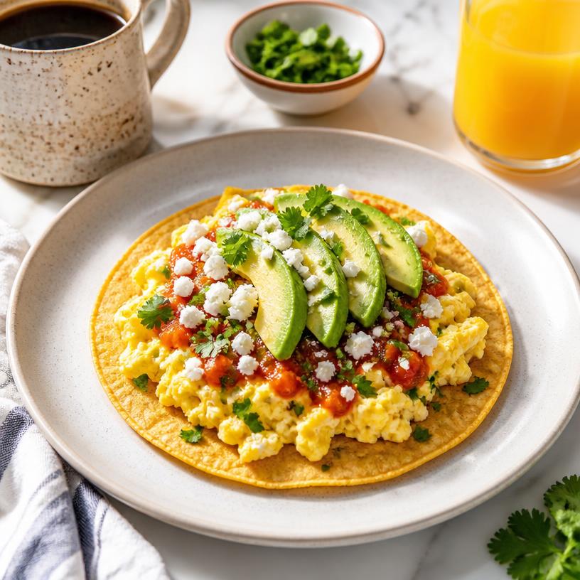 A flat taco topped with scrambled eggs, avocado, cheese and salsa next to coffee and juice