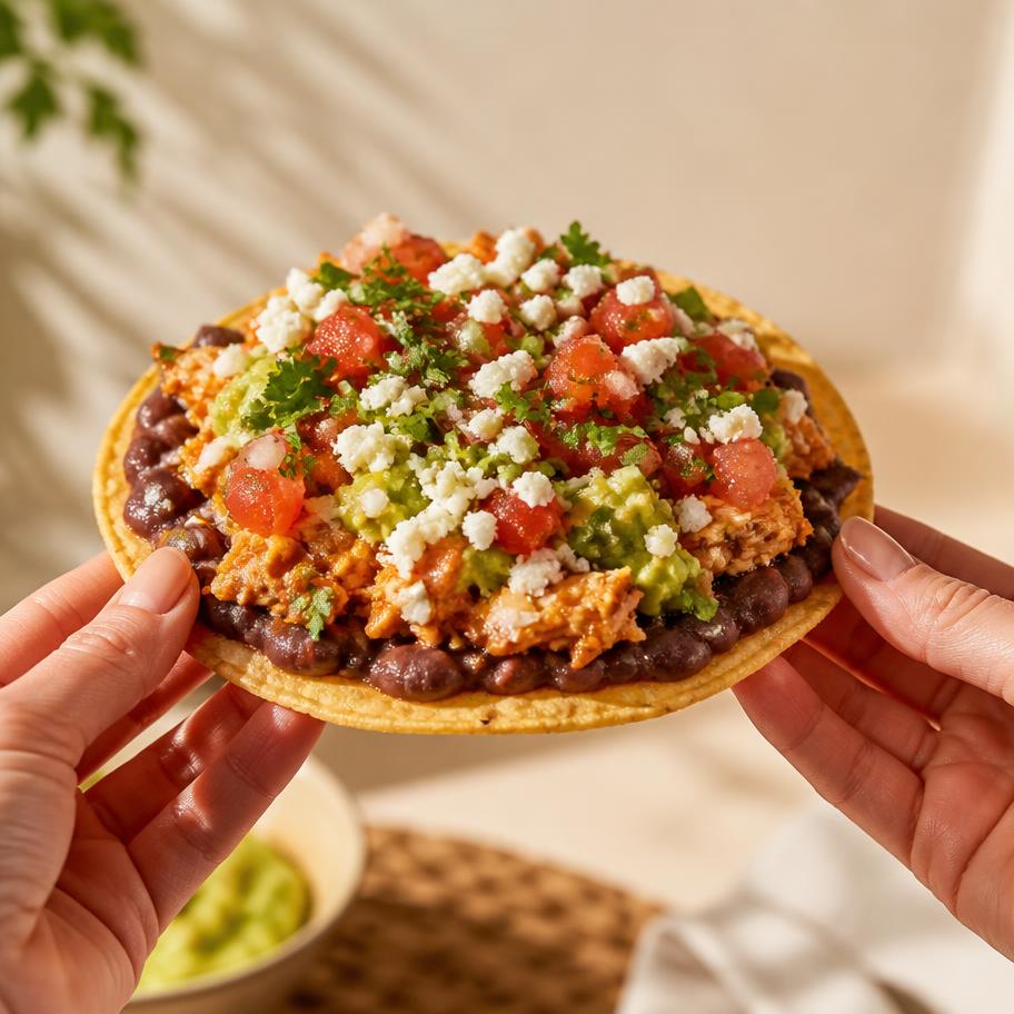 Two hands holding a fully loaded flat taco topped with beans, protein, guacamole, salsa and cheese