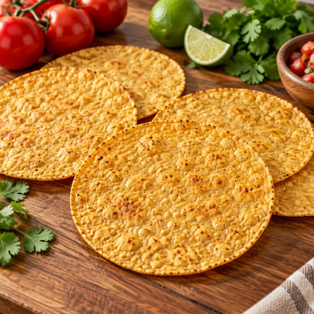 Golden, crispy flat round corn taco shells laid out on a wooden counter, ready straight from the box