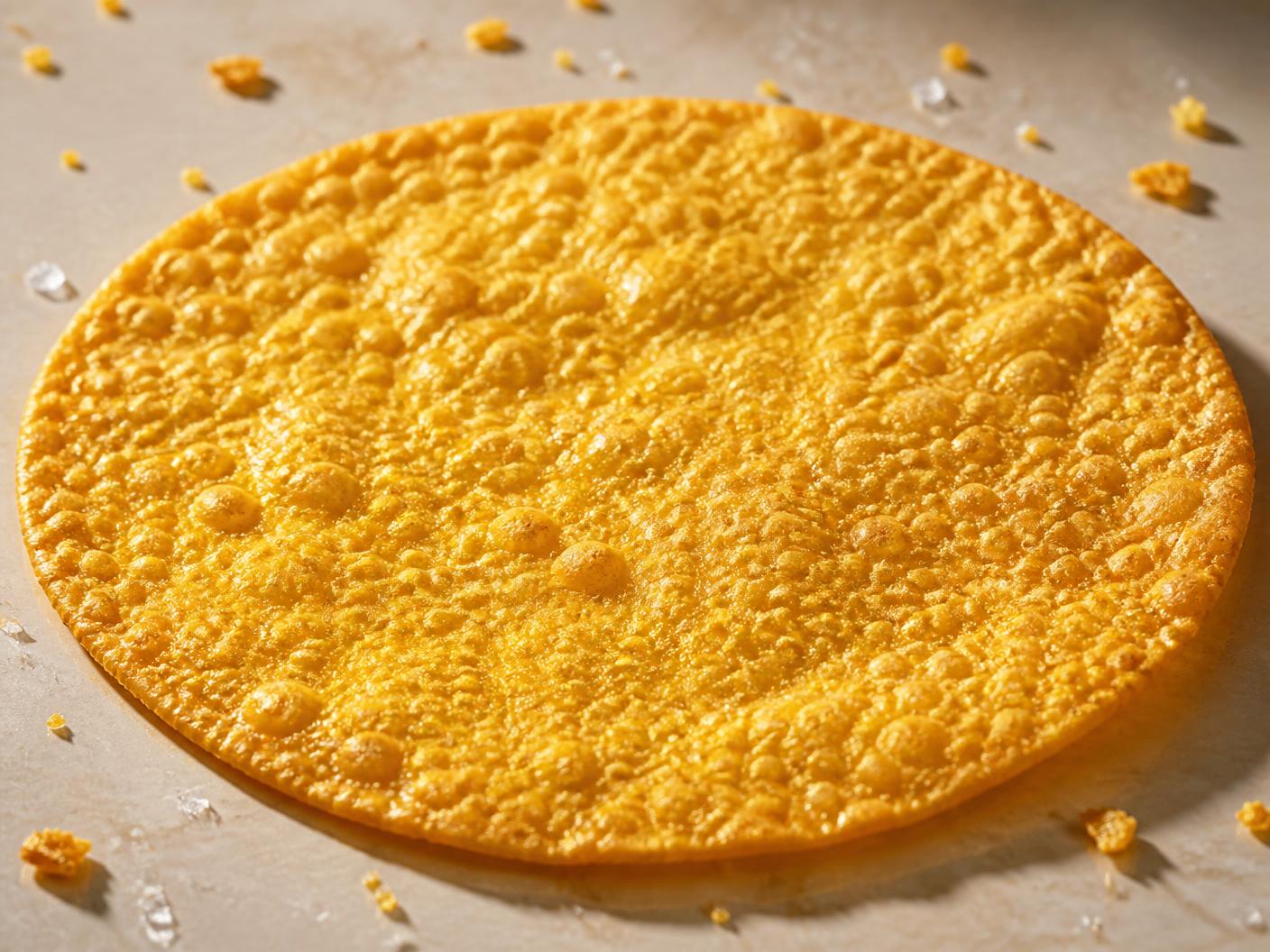 Macro close-up of a plain golden Guadalajara Style flat taco shell — light, bubbly and crispy with toasted corn color and crisp edges