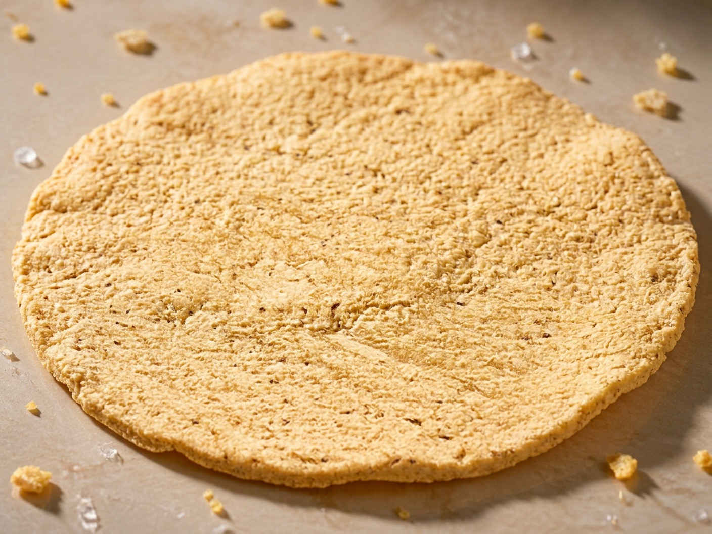 Studio close-up of a plain Colima Style flat taco shell — golden, thicker and sturdy with a coarse, grainy crisp texture